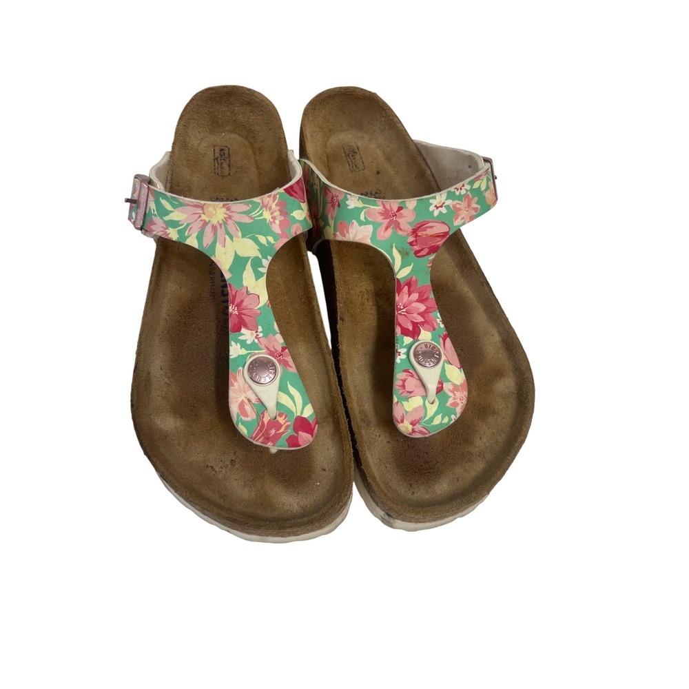Birkenstock Gizeh Floral Soft Footbed Sandals Teal Pink Women 38 L7 M5 Germany